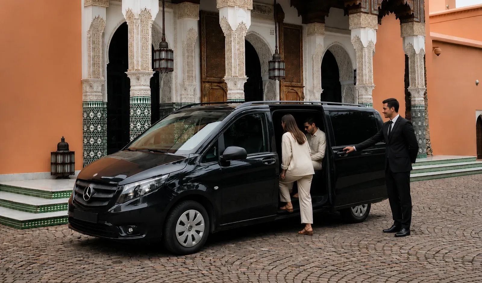 S3S chauffeur welcoming guests into a black Mercedes-Benz Vito at a Marrakech palace